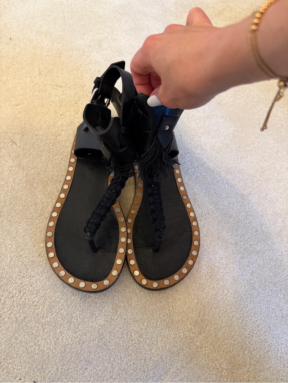Isabel Marant Black Braided T-Strap Sandals with Studded Trim